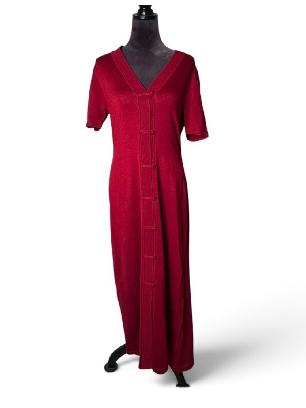 New! Vintage Peruvian Connection Red Button Up Maxi Dress Qipao Frog Close S